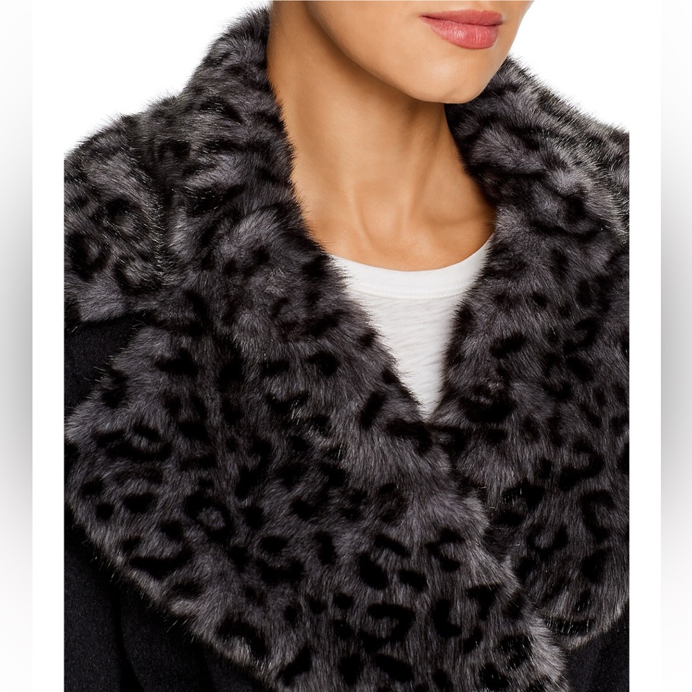 New Via Spiga Leopard Print Faux Fur Collar Wool Belted Wrap Coat Black Grey XS - Picture 3 of 6